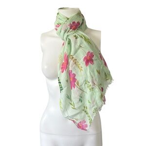 Uncommon Goods Large Floral Print Scarf Green Pink Sheer